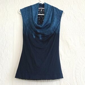Language Navy Cowl Neck Blouse With Crochet Back Panel Sexy Boho Tie dye Ombre